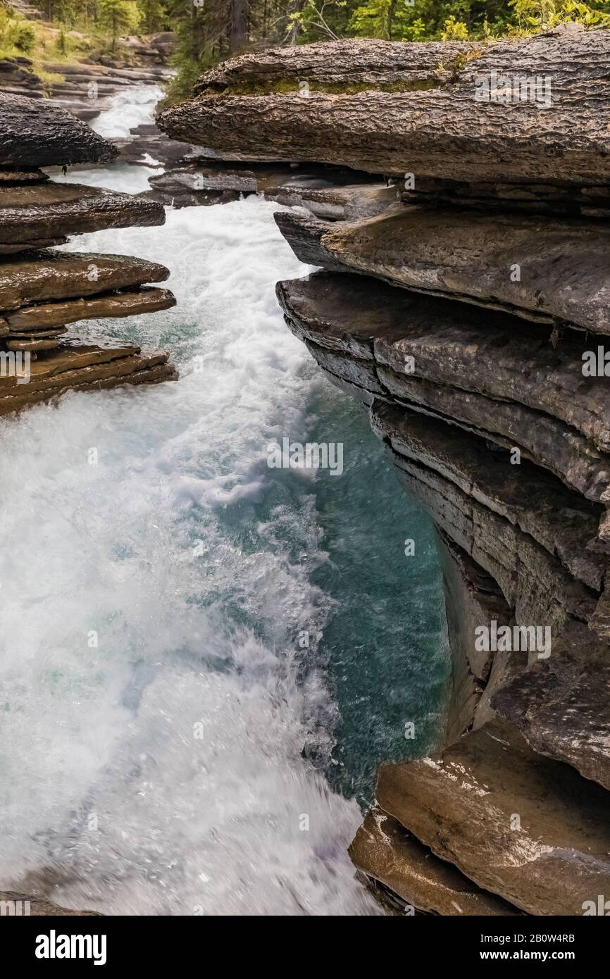 Toboggan Falls, eine Kaskade, die das Kalksteingestein schnitzt, im Mount Robson Provincial Park, British Columbia, Kanada Stockfoto