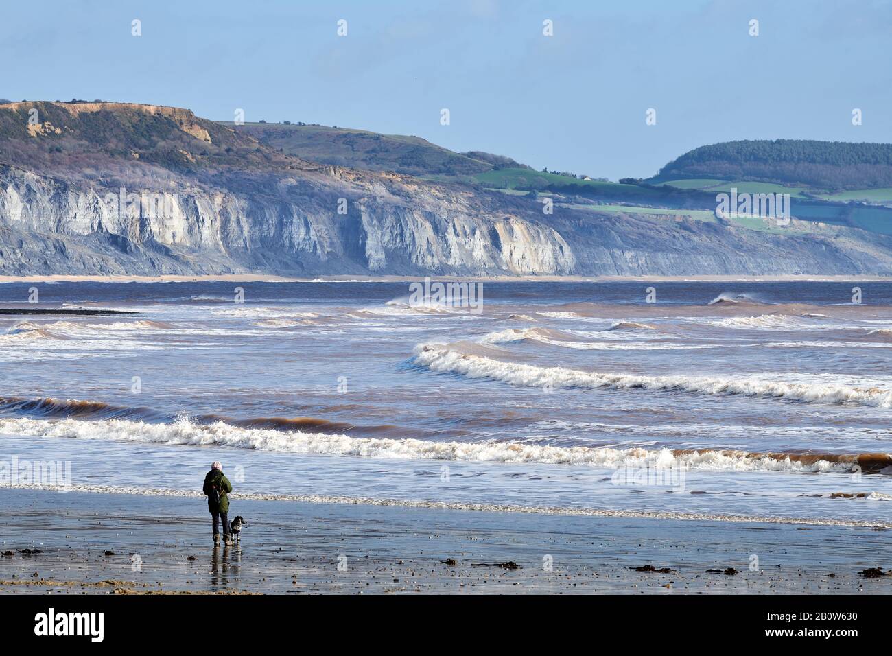 Wellen vom Ärmelkanal brechen am Schindelstrand der Lyme Bay, Lyme Regis, Dorset, England mit den Klippen der Heritage (Jurassic) Coast, A. Stockfoto