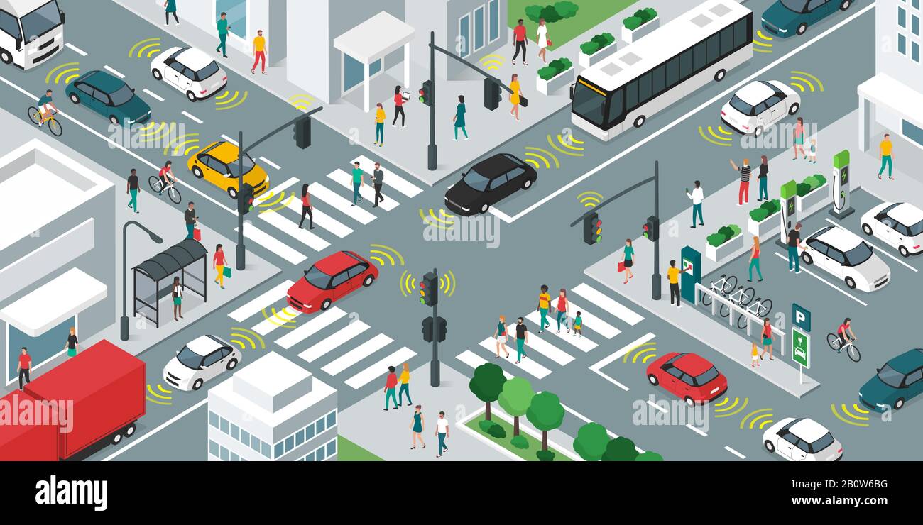 Intelligente Transportmöglichkeiten, Menschen und Fahrzeuge, die sich in den Straßen der Stadt bewegen, mit Sensoren, iot und intelligentem Stadtkonzept Stock Vektor