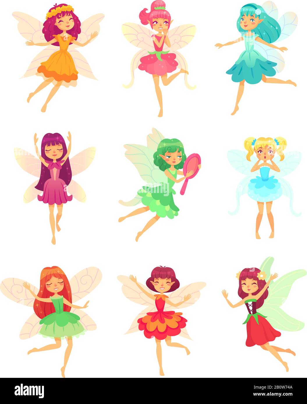 Cartoon Fee Mädchen. Niedliche Feen tanzen in bunten Kleidern. Magisch fliegende kleine Kreaturen mit Flügelvektorsatz Stock Vektor