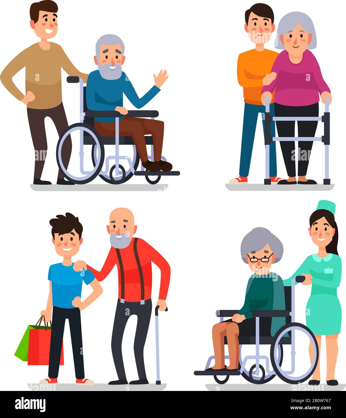 Helfen Sie alten behinderten Menschen. Sozialarbeiter der Freiwilligengemeinschaft helfen älteren Bürgern im Rollstuhl, Senioren mit Rohrvektorillustration Stock Vektor