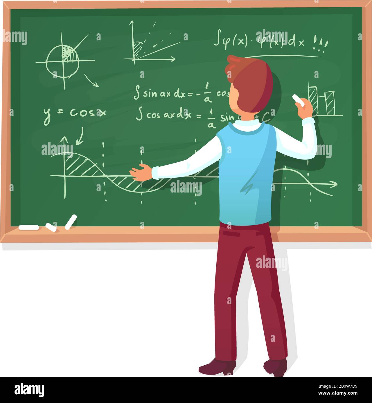 Lehrer schreiben auf Tafel. Schulprofessor unterrichtet Schüler und erklärt Diagramme Formeln Grafiken auf der Schwarzen Brett Vektor Illustration Stock Vektor