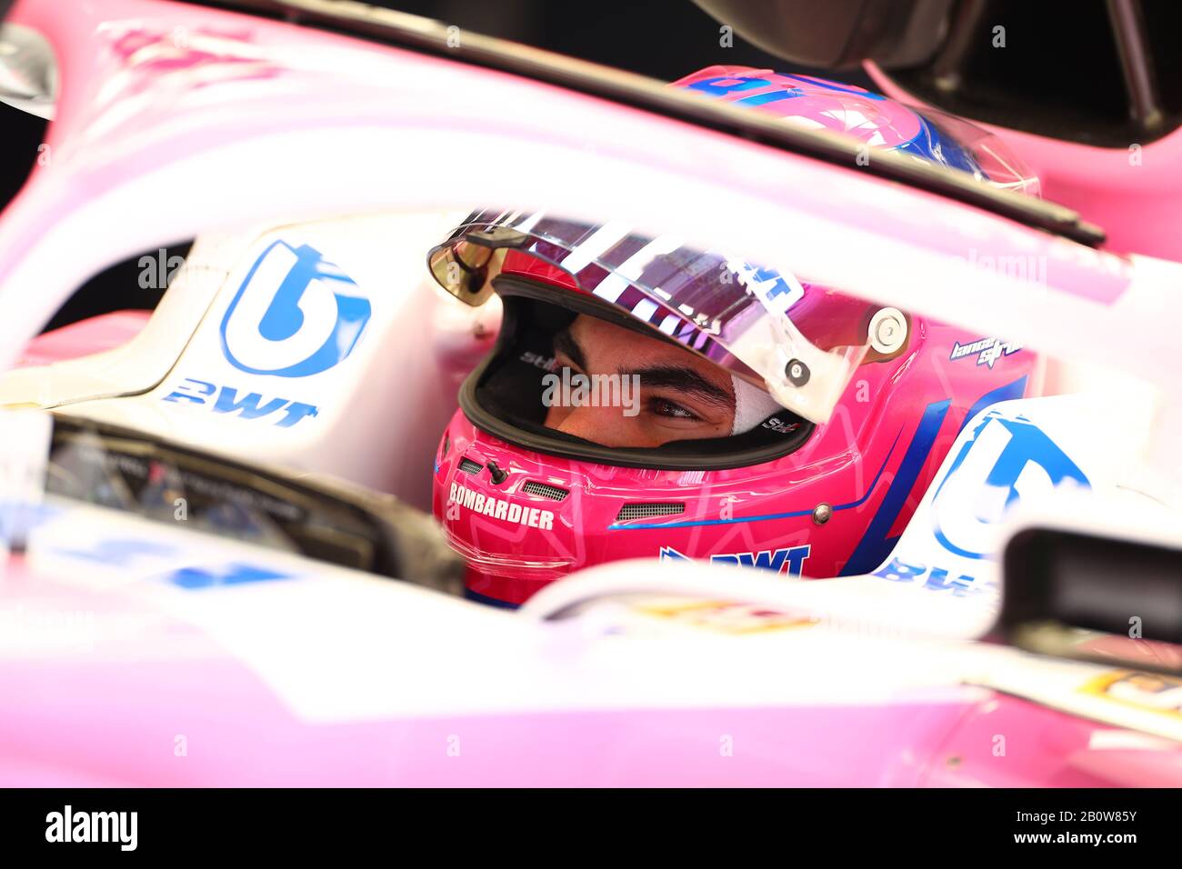 Montemelò, Barcelona - Spanien. Formel-1-Vorsaisontest 2020 Tag 3. Februar 2020. Lance Bummel von Kanada und Racing Point in der Garage am dritten Tag des F1 Wintertests Stockfoto