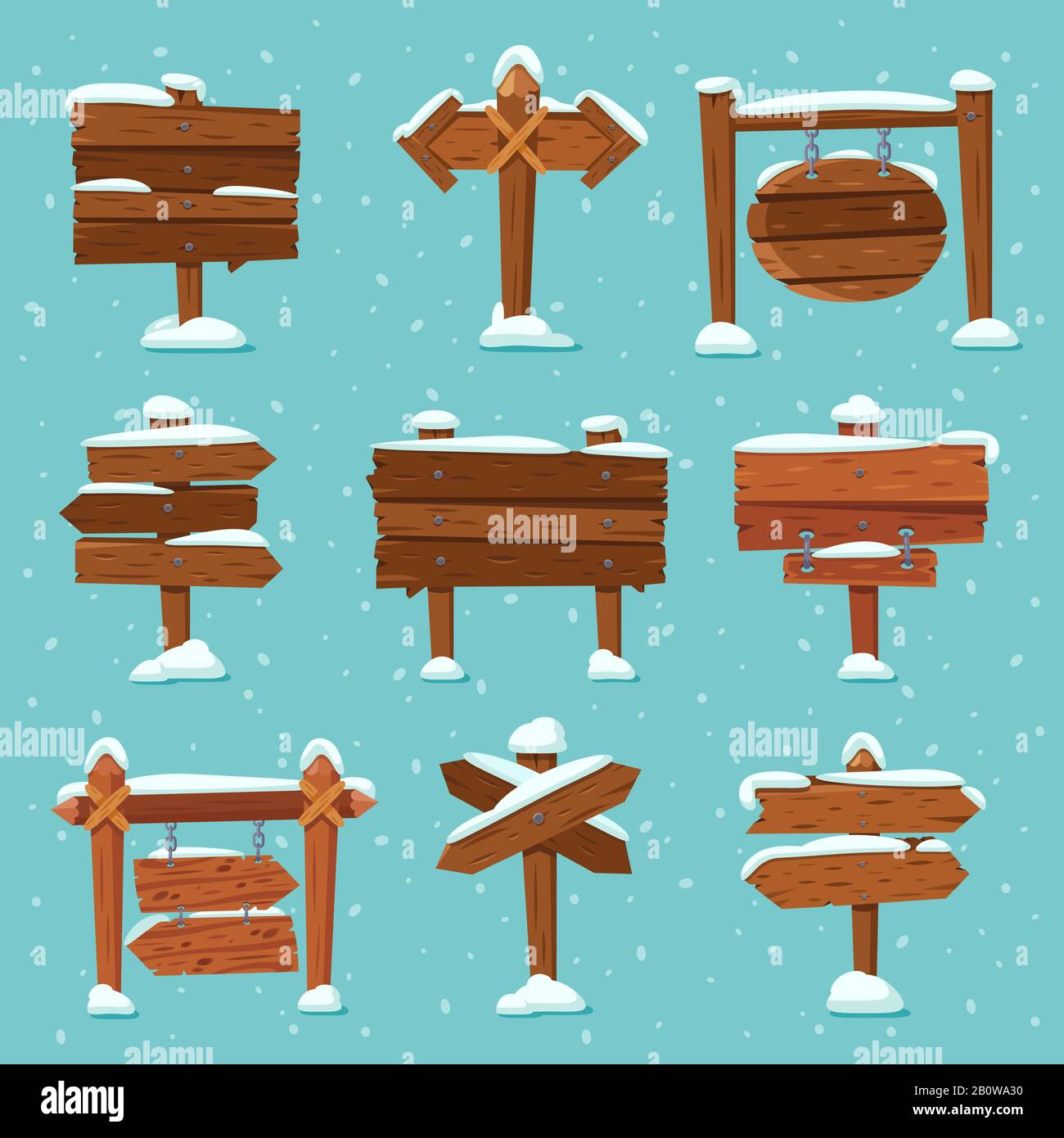 Cartoon schneite Wegweiser. Weihnachtliches Holzschild mit Schneekappe. Pfeile auf Schnee- und Richtungszeichen mit Eiszapfen auf dem oberen Vektorsatz Stock Vektor
