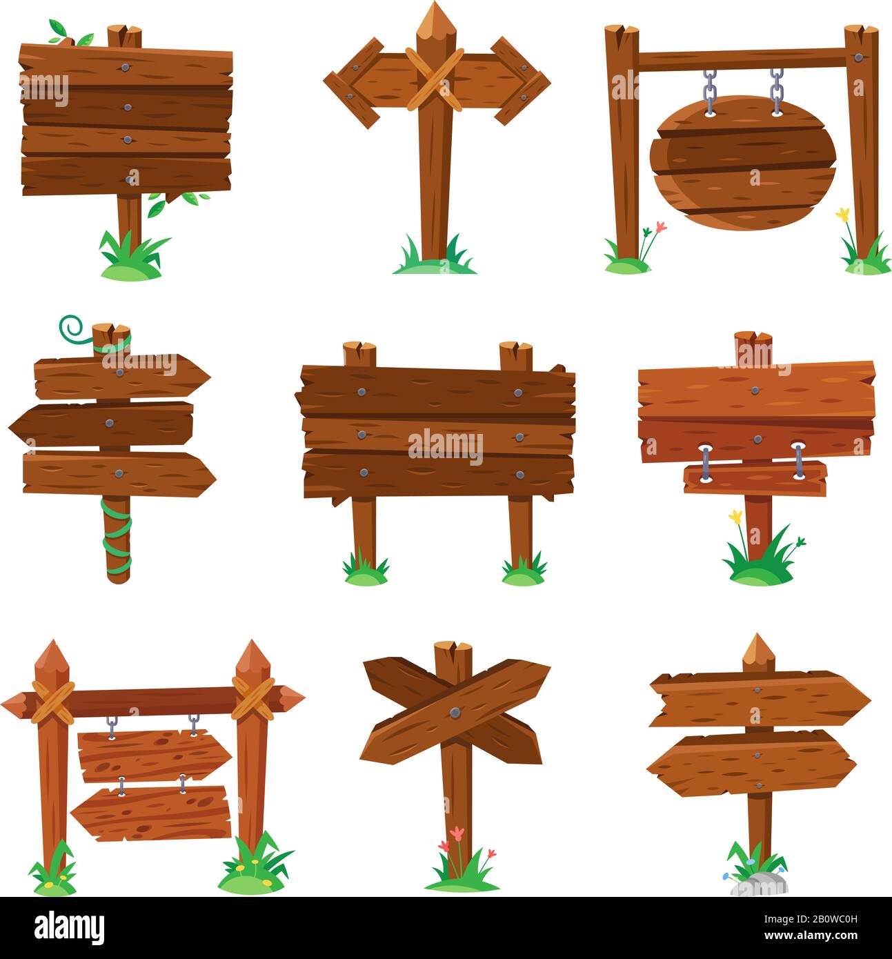 Schilder in grünem Gras. Holzbohlen Straßenschilder, Holzschilder oder isolierte Wegweisertafel Cartoon-Vektor-Set Stock Vektor