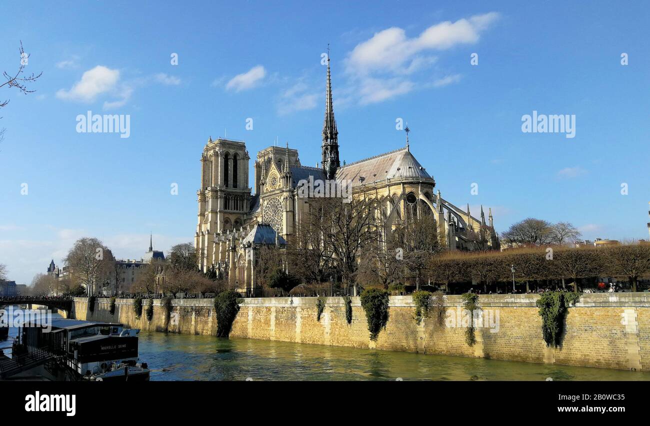 Kathedrale Notre Dame de Paris und seine und der blaue Himmel Stockfoto