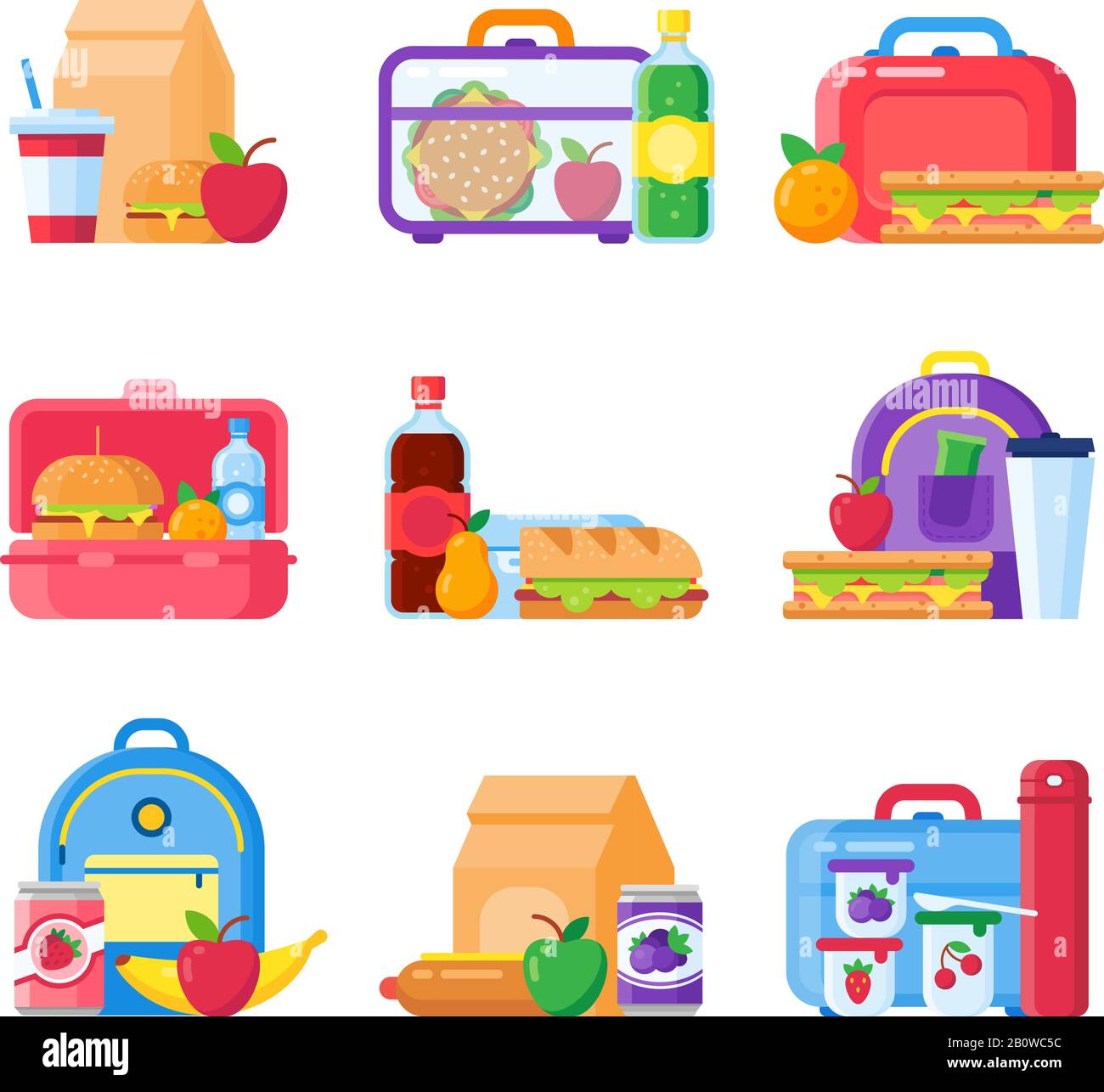 Mittagsbox für Schulkinder. Gesunde und ernährungsbedingte Lebensmittel für Kinder im Lunchbox. Sandwich und Snacks in den Vektorsymbolen der Schulkindtasche Stock Vektor