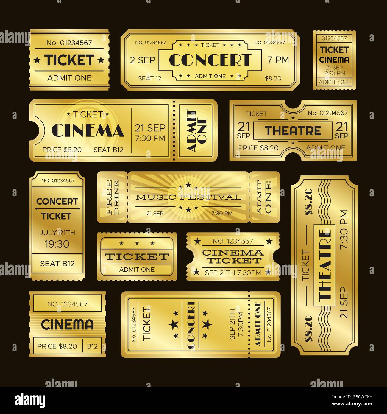 Goldene Karten. Geben Sie ein goldenes Kinokartenset ein. Vektor-Vorlagen für VIP-Party-Coupons Stock Vektor