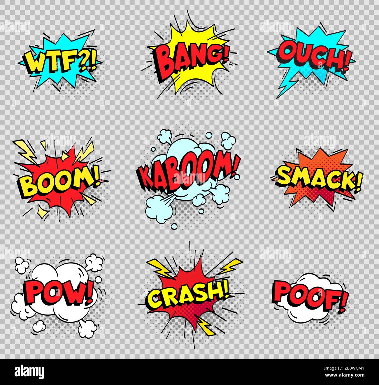 Komische Sprechblasen. Cartoon explodieren Textballons. WTF Bang aus Boom Smack Pow Crash Poof Popping Vektor Shapes isoliert Stock Vektor
