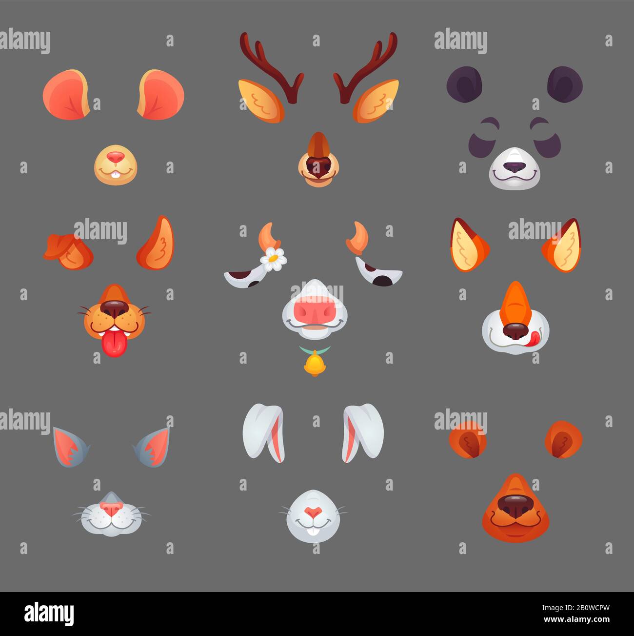 Tiere für Telefon-App. Lustige Tierfilter-Masken mit Ohren und Nasen. Vektorsatz Stock Vektor