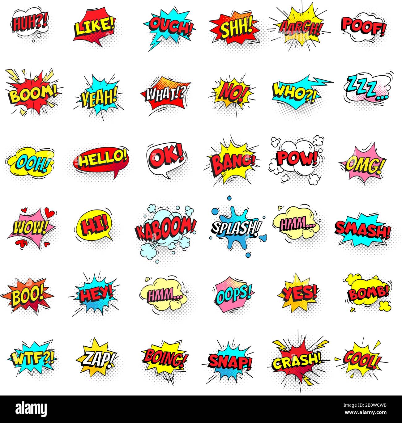 Comicbläschen. Cartoon Textballons. Pow und Zap, Smash und Boom Ausdrücke. Aufkleber mit Sprechblasenvektor-Pop-Art isoliert Stock Vektor