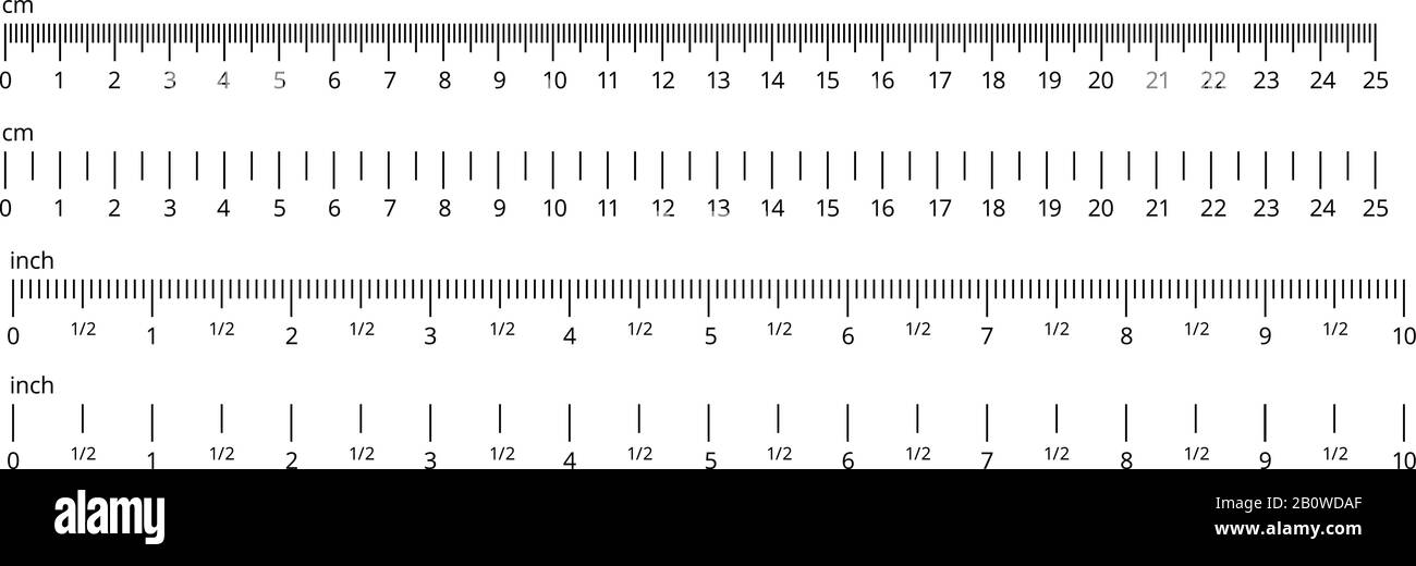 Zoll- und metrische Lineale. Zentimeter- und Zoll-Messskala. Präzisionsmessung von Linealwerkzeugen. Vektor-isolierter Satz Stock Vektor
