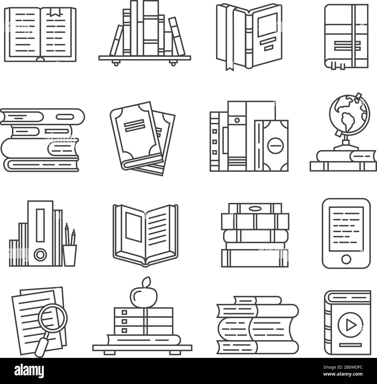 Symbole im Buch "Line Art". Literaturzeitschriften, Studientagebuch und bibel. Öffnen Sie das Vektorsymbol für Textbuch, eBook und Audiobücher mit dünner Kontur Stock Vektor