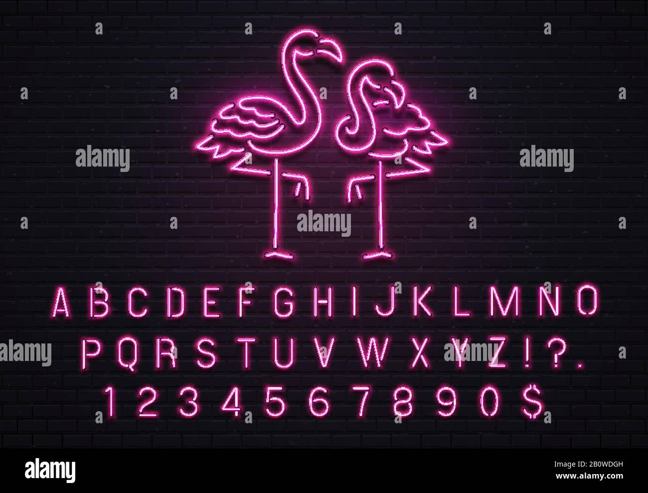 Flamingo-Leuchtreklame. Pink 80er-Schrift. Plakat mit tropischem Flamingos-E-Glimmbalken mit Vektorgrafiken für violette Glühbirnen Stock Vektor