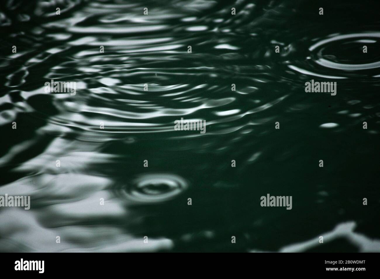 Oberfläche des Brunnens an einem regnerischen Tag. Angesammeltes Quellwasser durch Regentropfen gespritzt. Tröpfchen treffen auf eine Wasseroberfläche. Stockfoto