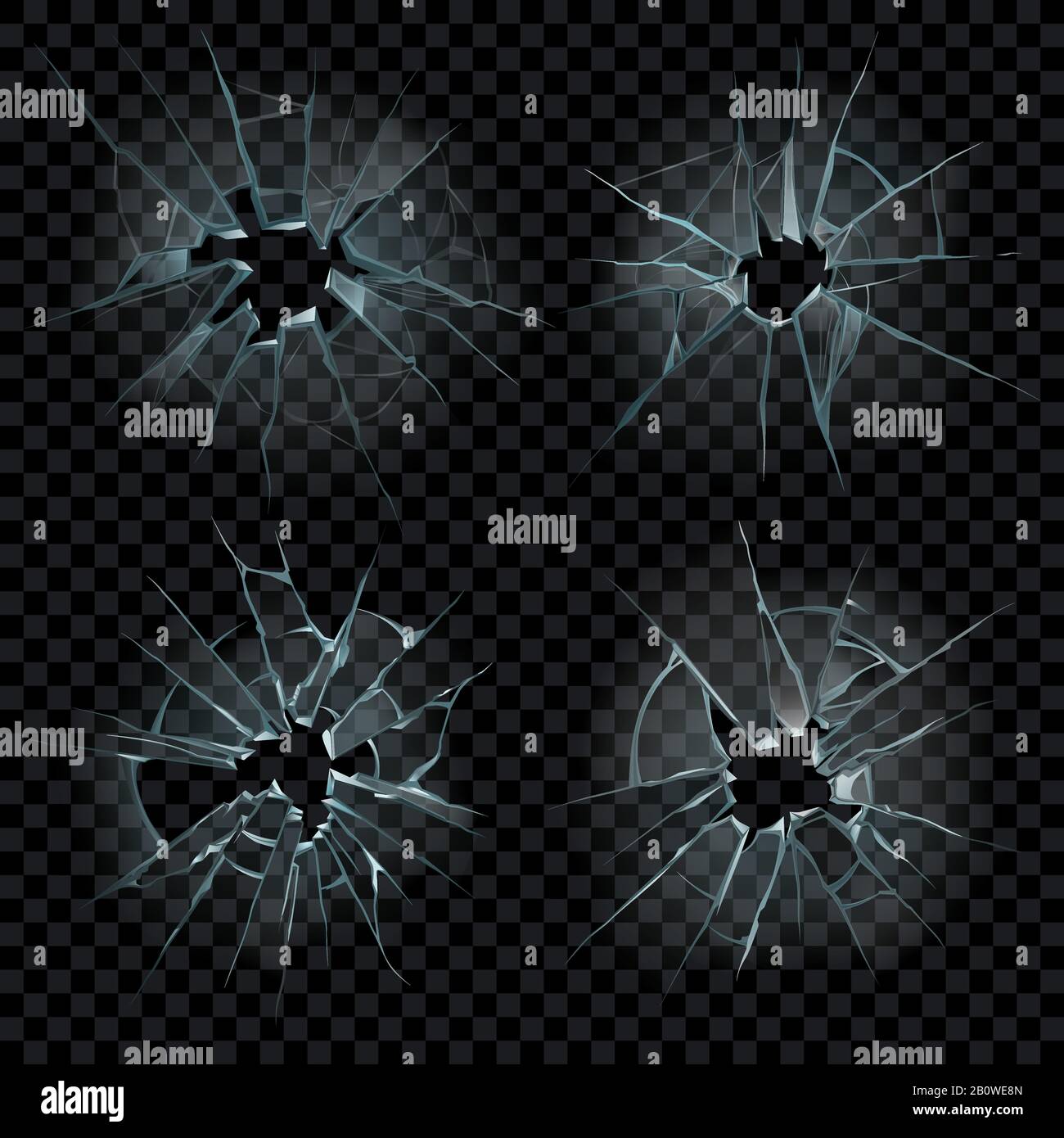 Realistisch gerissene Scheibe. Zerbrochener Spiegel mit Rißstücken. Zerbrochene Spiegel splittern und zerbrechen Risse isolierter Vektorsatz Stock Vektor