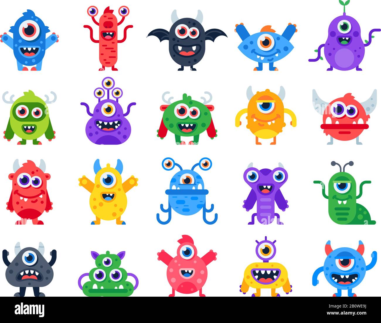 Cartoon-Monster. Süße fröhliche Monster, halloween Maskottchen und lustige Mutantspielzeuge. Vektorflache Symbolgruppe für gruselige Kreaturen Stock Vektor