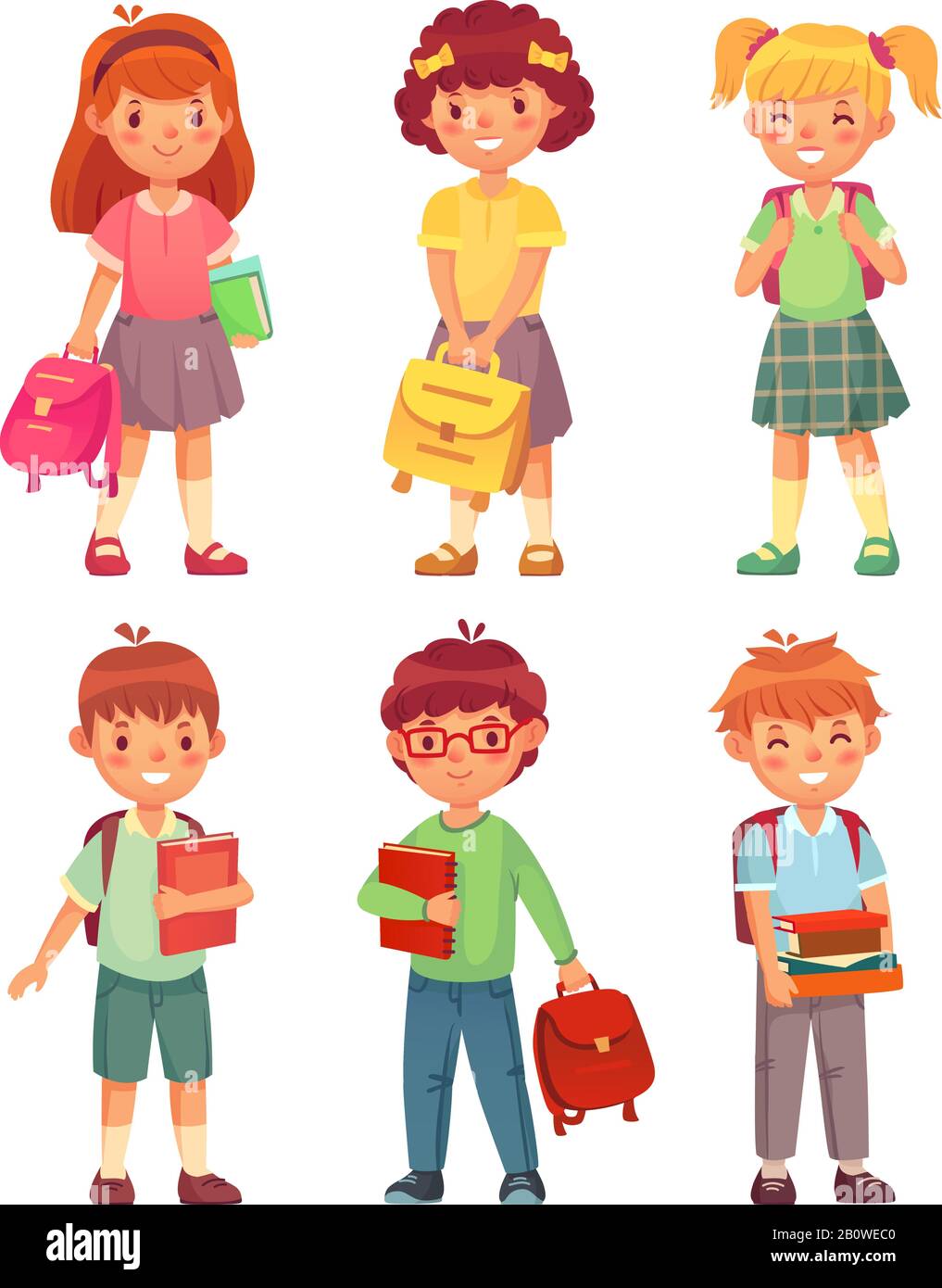 Grundschulkinder. Cartoon Kinder Schüler mit Rucksack und Büchern. Fröhlicher Junge und Mädchen Schüler in Schulen einheitliche Vektor-Set Stock Vektor