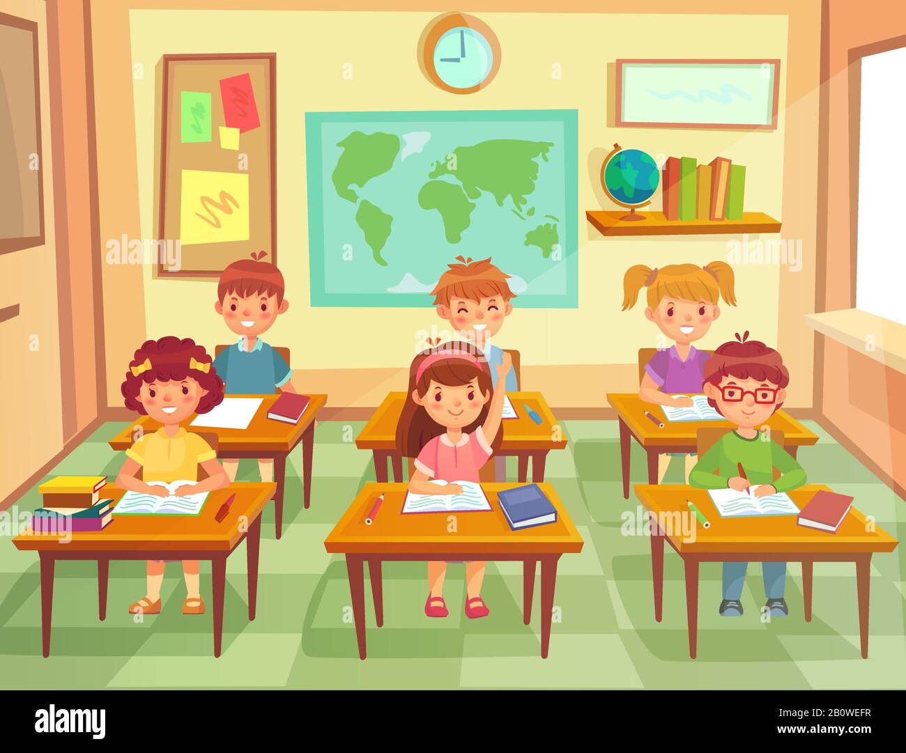Schüler Kinder im Klassenzimmer. Grundschulkinder Schüler, lächelnde Jungen und Mädchen studieren in der Schulklasse Cartoon-Vektor-Illustration Stock Vektor