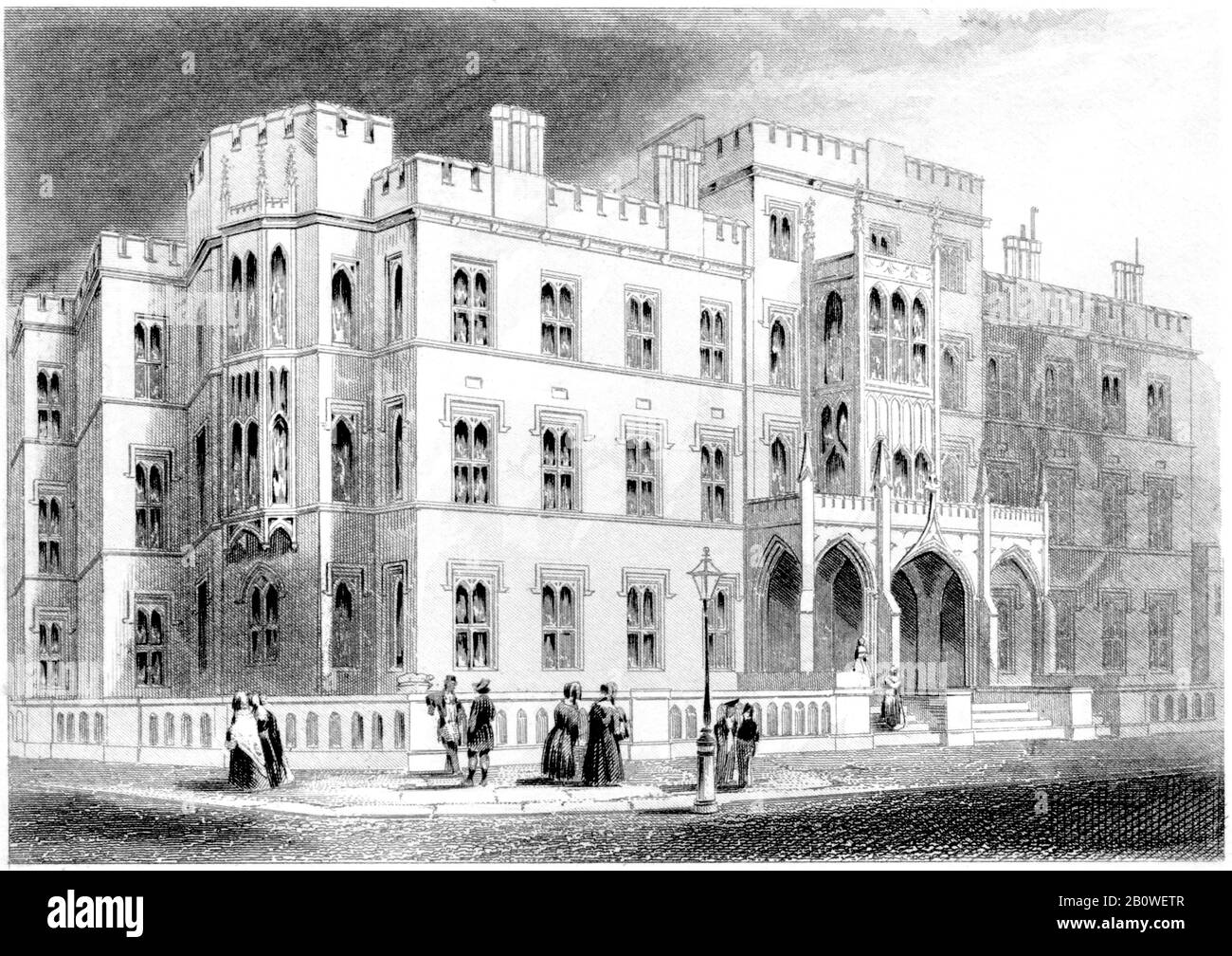 Gravur des Westminster Hospital, London, gescannt in hoher Auflösung aus einem Buch, das im Jahr 1851 gedruckt wurde. Es wird angenommen, dass dieses Bild frei von allen Urheberrechten ist. Stockfoto