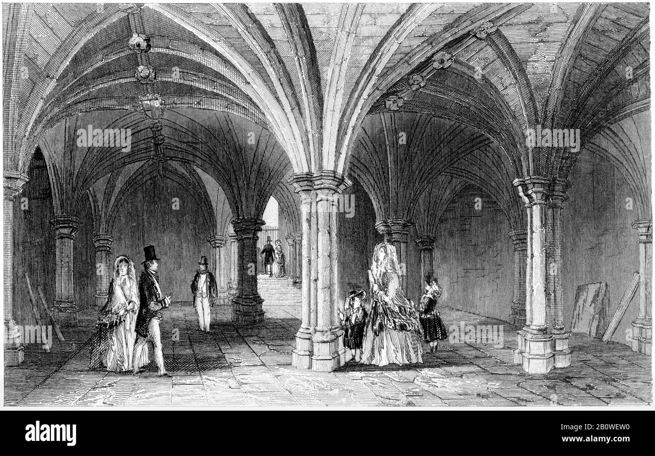 Gravur der Crypt in Guildhall, London, gescannt in hoher Auflösung aus einem Buch, das im Jahr 1851 gedruckt wurde. Es wird angenommen, dass dieses Bild frei von allen Urheberrechten ist. Stockfoto