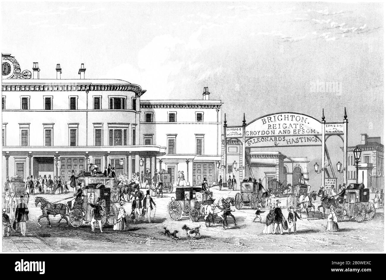 Eine Gravur des South Eastern Railway Station London Bridge UK, die in hoher Auflösung von einem Buch gescannt wurde, das 1851 gedruckt wurde. Für urheberrechtlich frei gehalten. Stockfoto