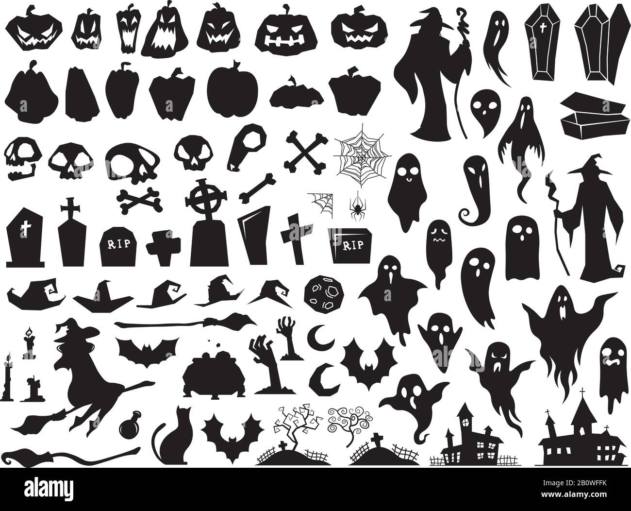 Halloween Silhouetten. Spoky böse Hexe, gruseliger Grabsarg und Zauberersilhouette. Kürbis-, Spinne- und Geistervektor-Illustrationssatz Stock Vektor