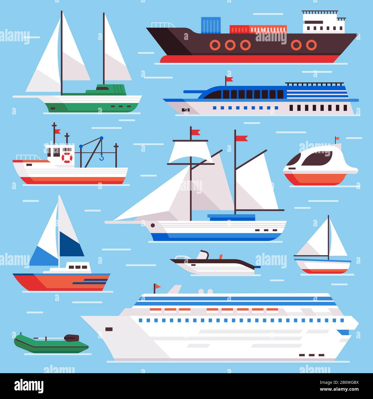 Flachmeerschiffe. Segelboot für die Seeschifffahrt, Kreuzfahrtschiff für den Ozean und Schiffsvektor für Eisbrecher Stock Vektor