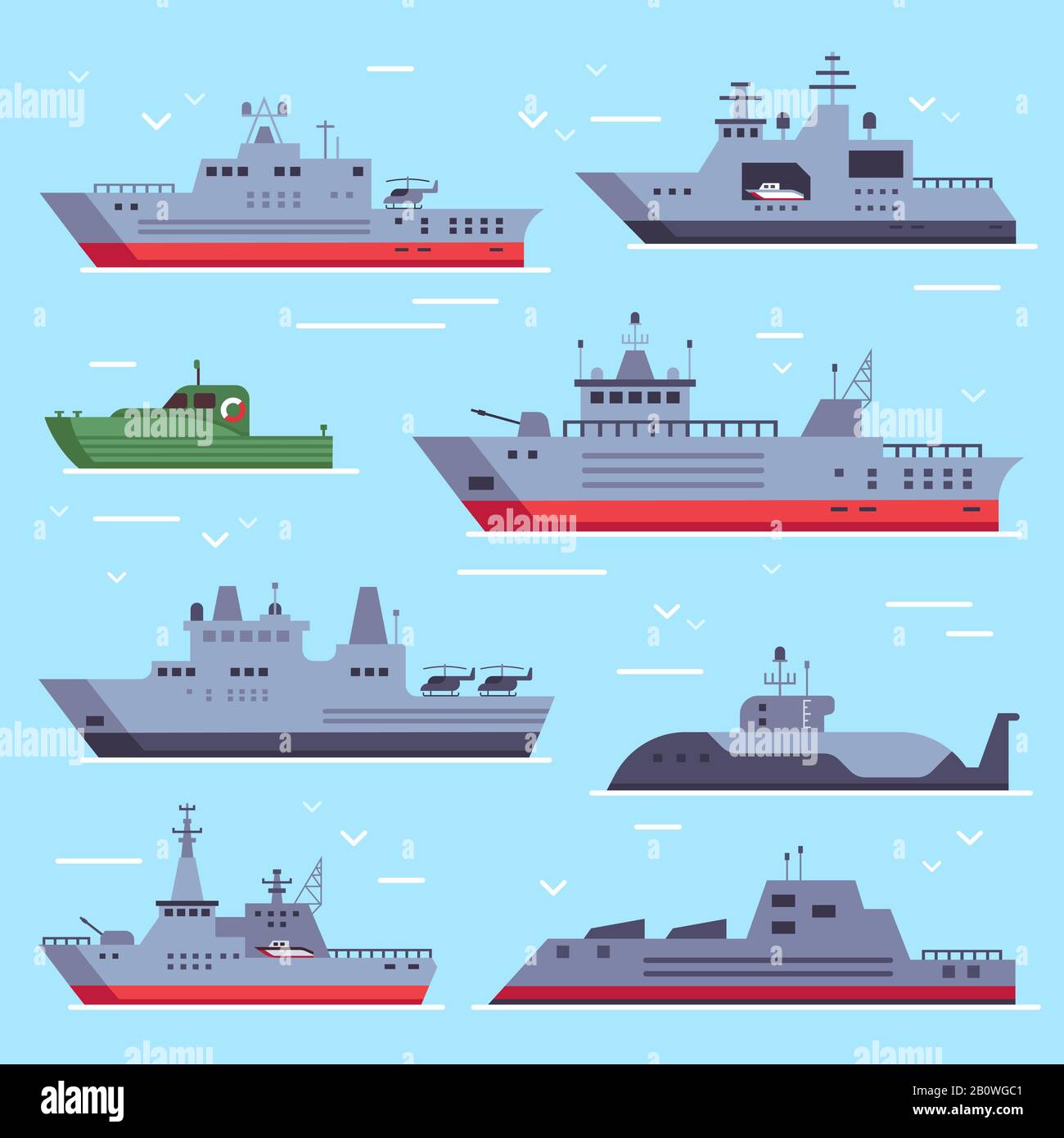 Flache Militärboote. Kriegsschiffe der Marine, Seegefechtsschutzboot und Schlachtschiffwaffe. Vektorsammlung für Kriegsschiffe der Marine Stock Vektor