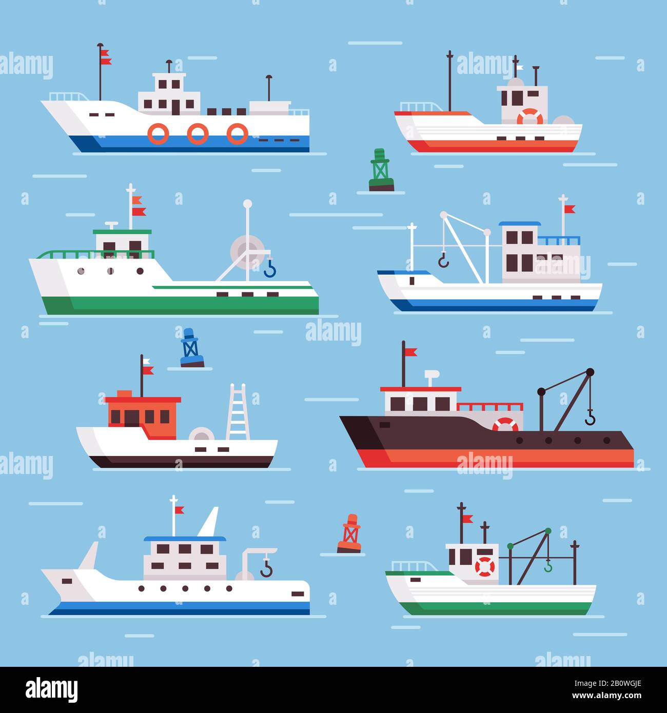 Flache Fischerboote. Kommerzielle Fischereischiffe, Seafood Industry Ship und Fischer-Boot-Vektorsammlung Stock Vektor