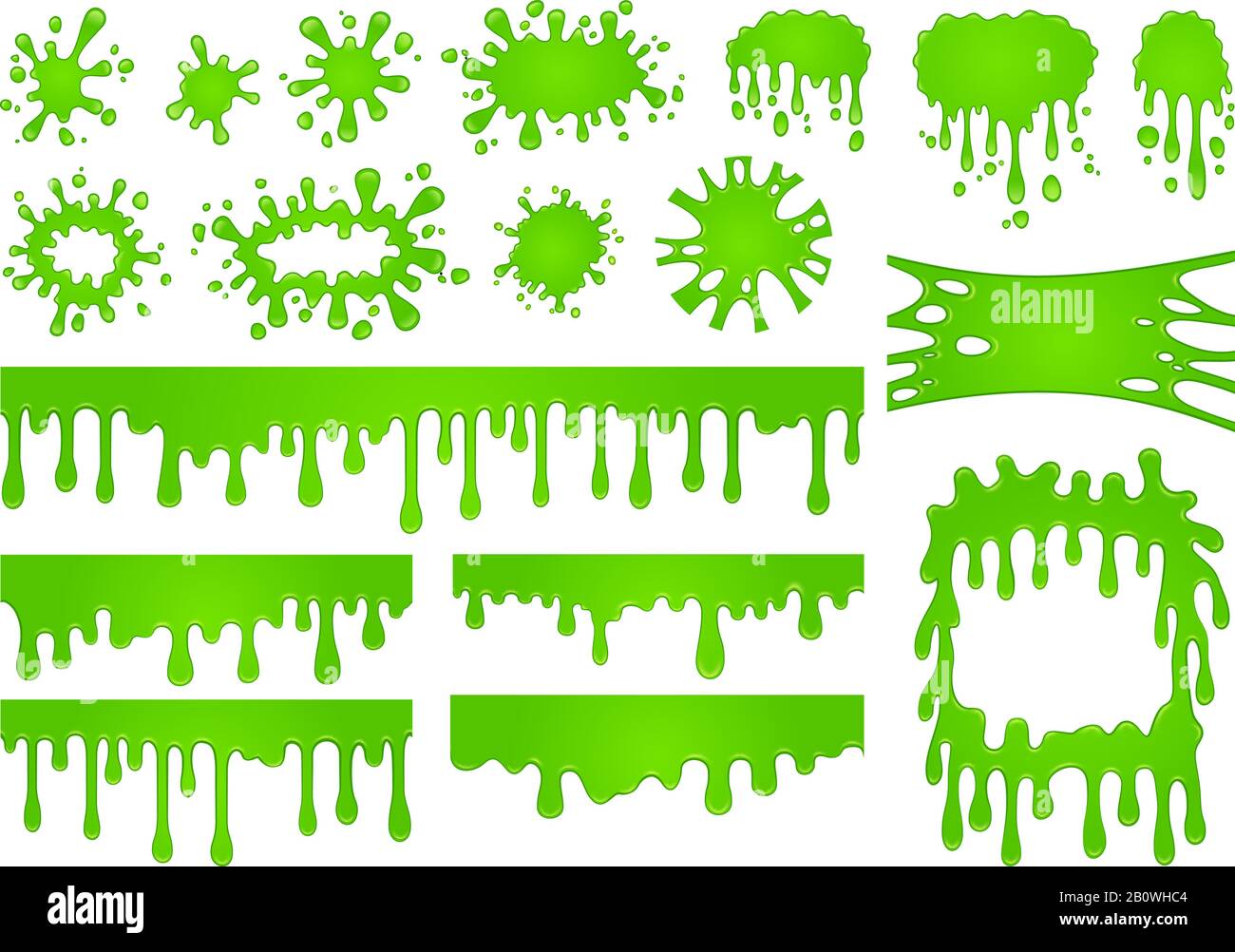 Cartoon Liquid Slime. Grüne Goo-Farbtropfen, spritziger Splash-Rand und gruseliger halloween-fleck-Vektorsatz Stock Vektor