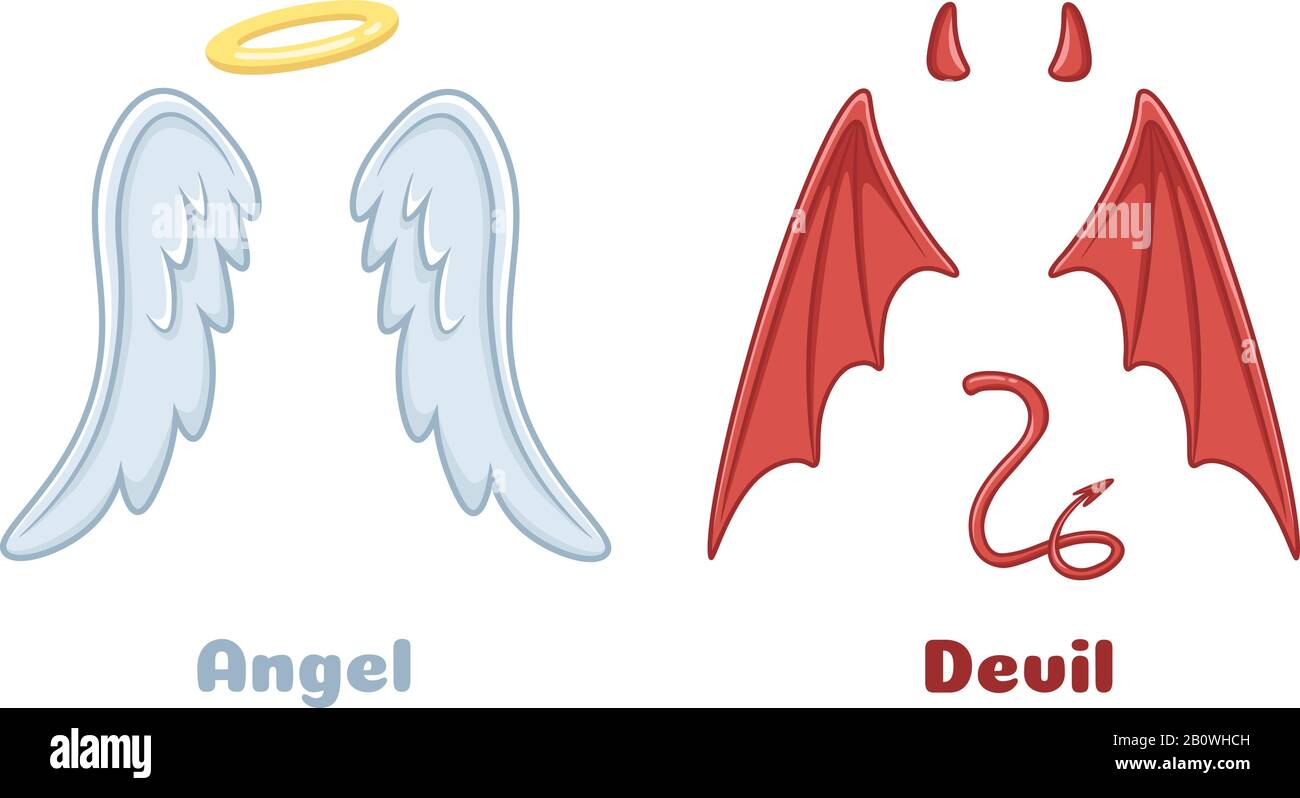 Engel und Dämonenflügel. Cartoon böse Dämonenhörner und guter Engelsflügel mit Nimbus. Vektorgrafiken von Teufel und Heiliger Engel Stock Vektor