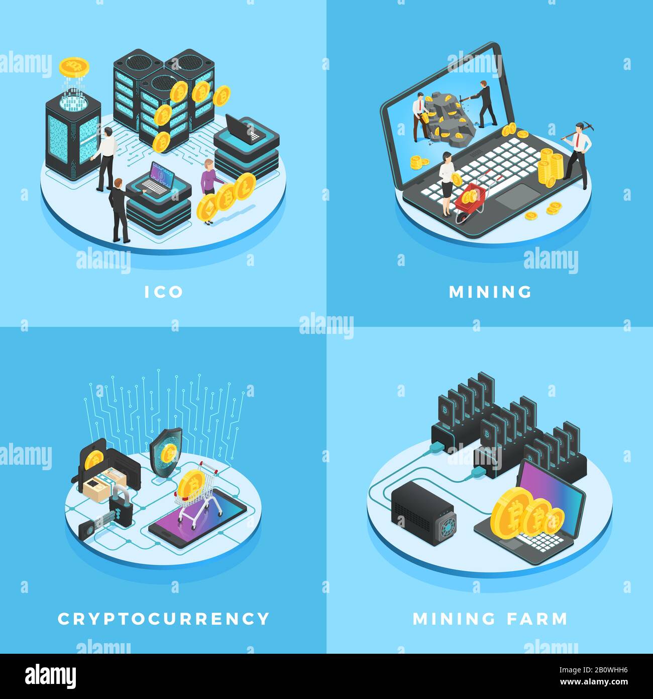 Kryptokurrency Illustration. Elektronisches Geld, Währungsabbau, ICO und Blockchain Computer Netzwerk isometrische Vektordarstellung Stock Vektor