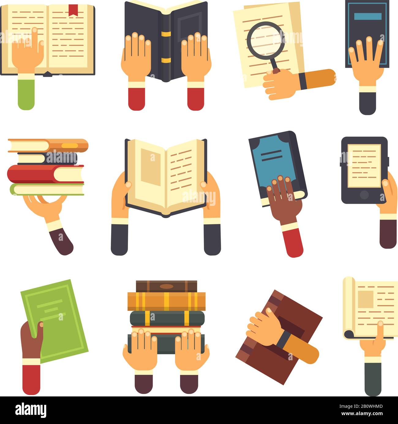 Hände mit Büchern. Halten Sie das Buch in der Hand, lesen Sie das ebook und das Lernsymbol für Leser öffnen das Lehrbuch. Vektorsymbole werden gelesen Stock Vektor