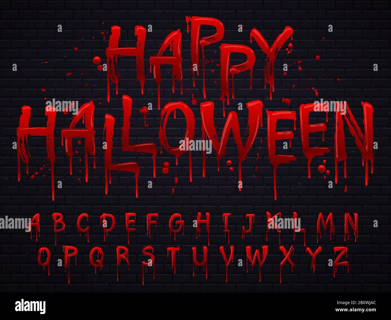 Halloween-Schrift. Horror-Alphabet-Buchstaben schreiben Blut, gruselige blutige Schrift oder nasses blutiges Zeichen isolierte Vektorgrafiken Stock Vektor