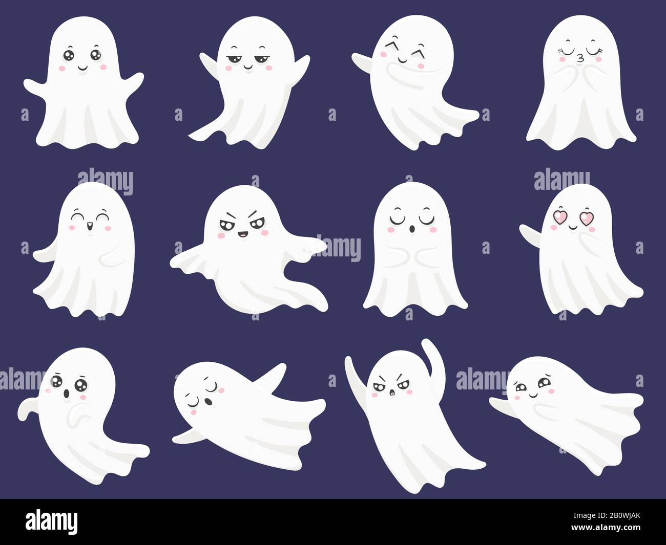 Niedliche halloween-geister. Verängstigter lustiger Geist, neugieriger Spook und lächelnde geisterhafte Cartoon-Vektor-Illustration Stock Vektor