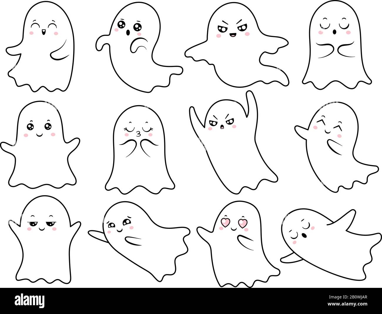 Süßes kawaii-Gespenst. Spoky halloween Geister, lächelnder Spook und gruseliger geisterhafter Charakter mit Boo Face Vector Cartoon Illustration Stock Vektor