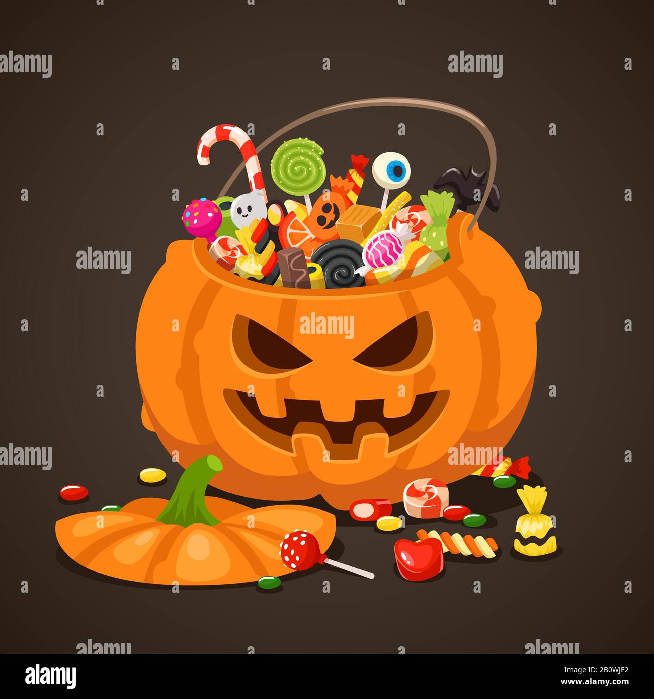 Halloween Süßigkeiten im Kürbisbeutel. Süße Lollipop-Süßigkeiten für Kinder. Vereinzelte Kinder-Bonbons-Vektorgrafiken tricksen oder behandeln Stock Vektor
