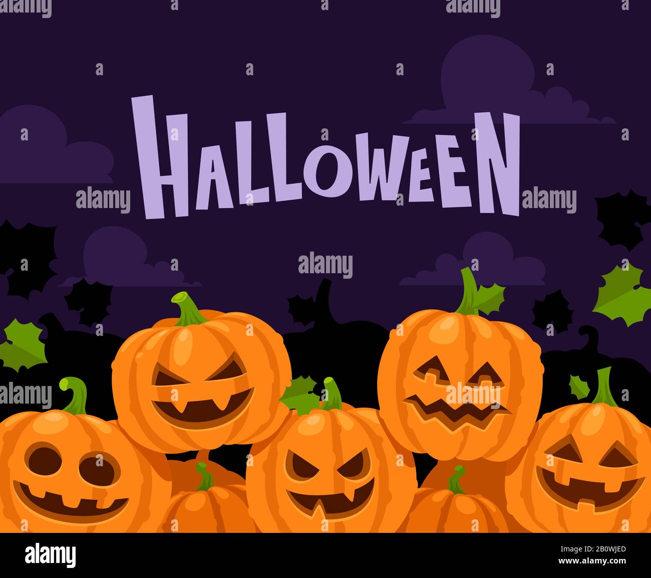 Kürbisgrenze Halloween. Gruselige Kürbisse in Hexen-Hut-Zierrahmen, orangefarbene Vektor-Hintergrundillustration Stock Vektor