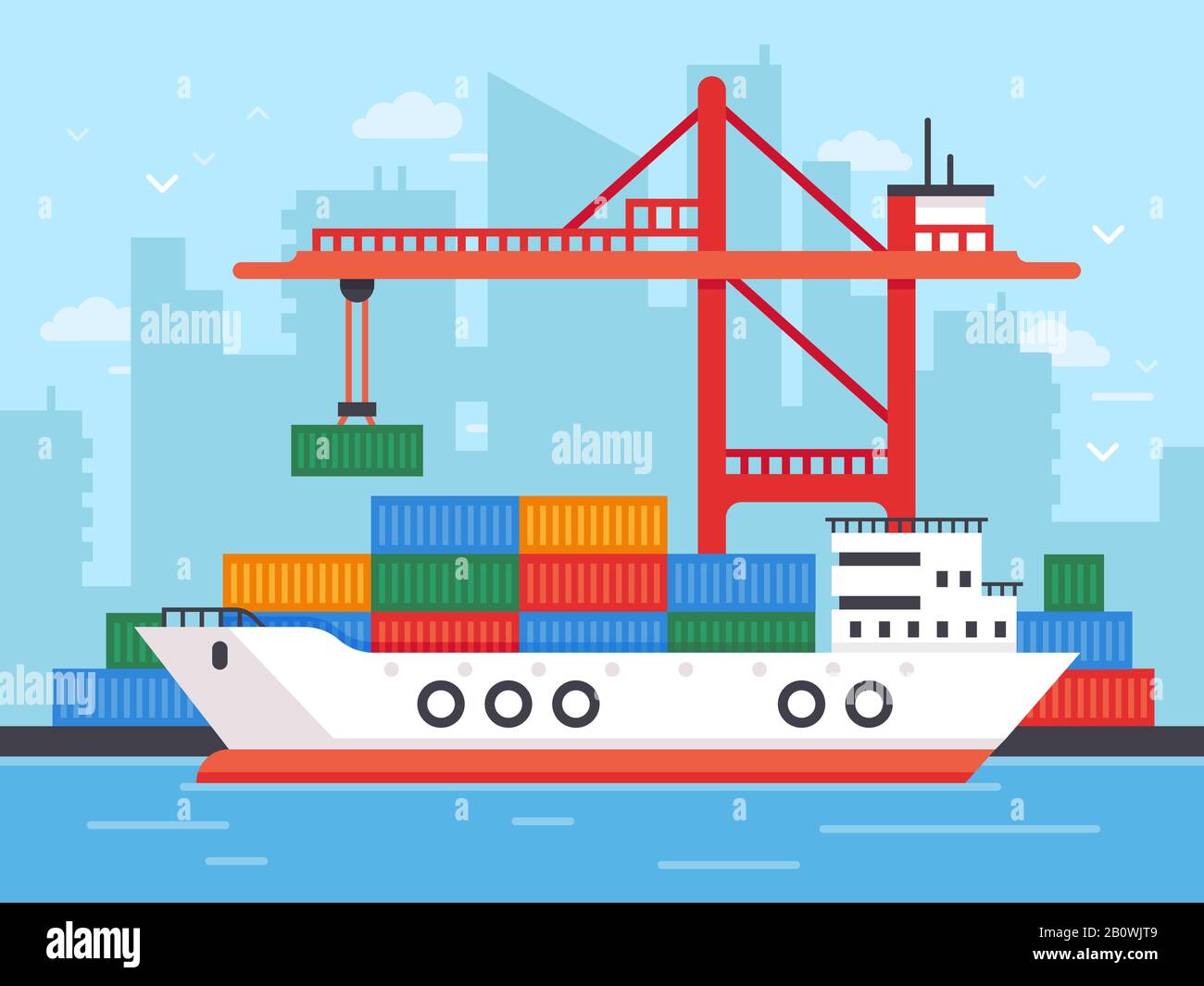 Flat Cargo Ship in Docks. Hafenkran der Transporthafen-Ladebehälter zur Vektorgrafik des Schiffsfrachtboots Stock Vektor