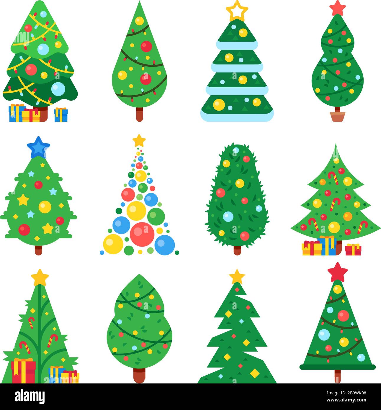 Weihnachtsbaum aus flachem Papier. Winterurlaub Bäume dekorierten Stern, Weihnachtsgarlands und Neujahrs-Spielzeug. Tannenvektor-Kollektion Stock Vektor