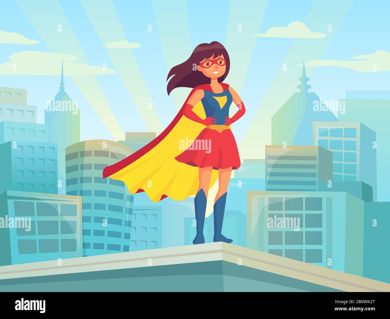 Superfrau beobachtet Stadt. Wunderliches Heldenmädchen im Anzug mit Umhang auf dem Dach der Stadt. Comic-Superhelden zur Stadtbild-Vektorillustration Stock Vektor