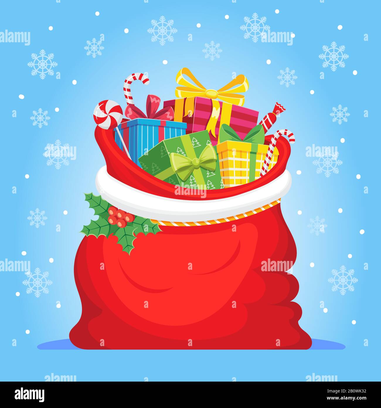 Weihnachtsmann Geschenke im Beutel. Weihnachten präsentiert Sack, Haufen Süßigkeiten Geschenk und Weihnachts-Vektor-Illustration Stock Vektor