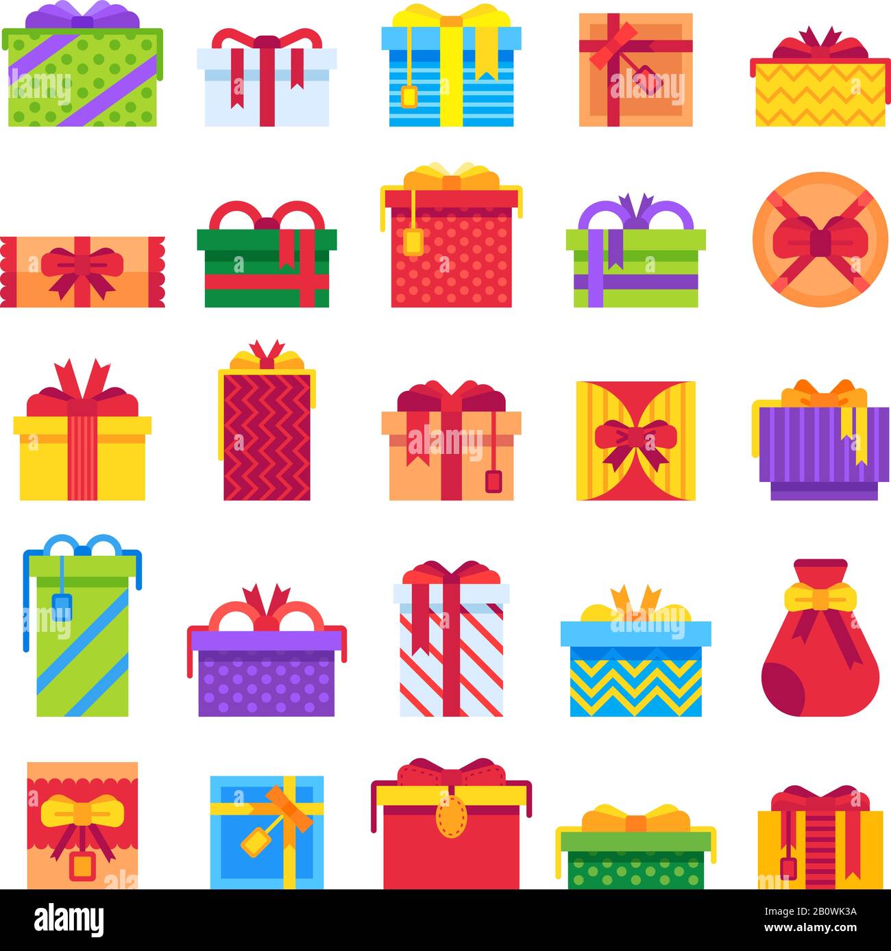 Weihnachtsgeschenke. Winterurlaubsüberraschung im Geschenkkarton. Xmas präsentiert isolierte Vektor-Flat-Illustrationssets Stock Vektor