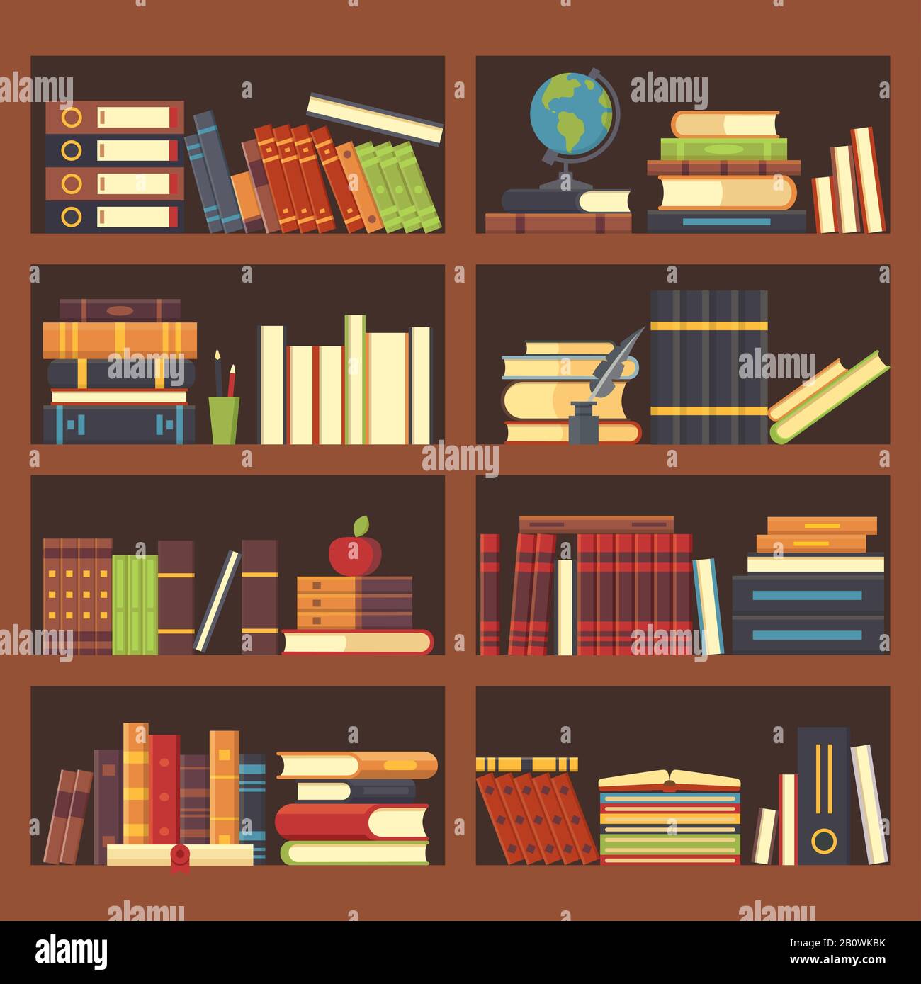 Bücher im Bücherregal. Lexikonbuch im Bücherregal. Stapeln Sie Lehrbücher und Zeitschriften in den Bücherregalen Vektor-Hintergrundillustration Stock Vektor