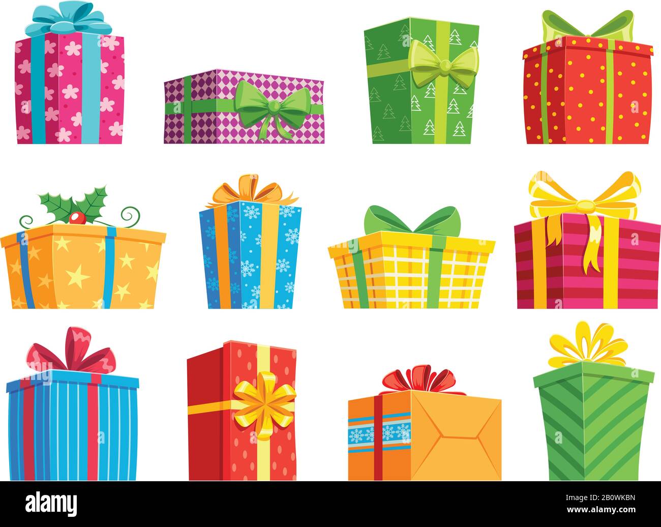 Cartoon Geschenkbox. Weihnachtsgeschenke, Geschenkschachteln und Geschenke für Winterferien. Geheimes Boxen mit Überraschungen Vektor-Set Stock Vektor