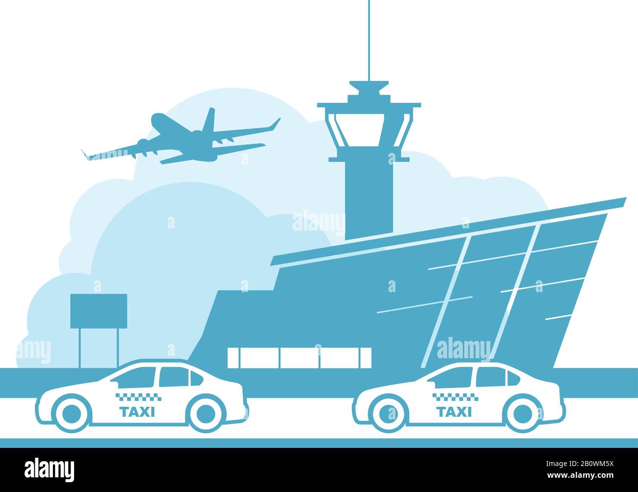 Flughafentransfersymbol, Taxi-Service vom Flughafenterminal, Flughafengebäude und Autos Stock Vektor