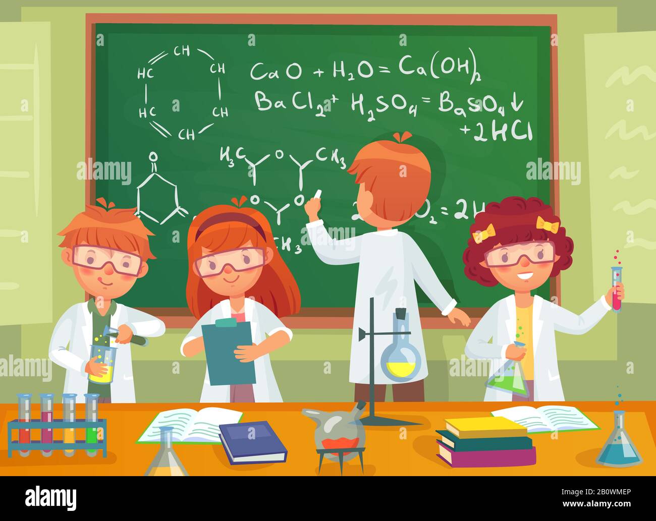 Schulkinder studieren Chemie. Schüler von Kindern, die Naturwissenschaften und Schreiben in der Laborklasse studieren, erpressen Cartoon-Vektor-Illustration Stock Vektor
