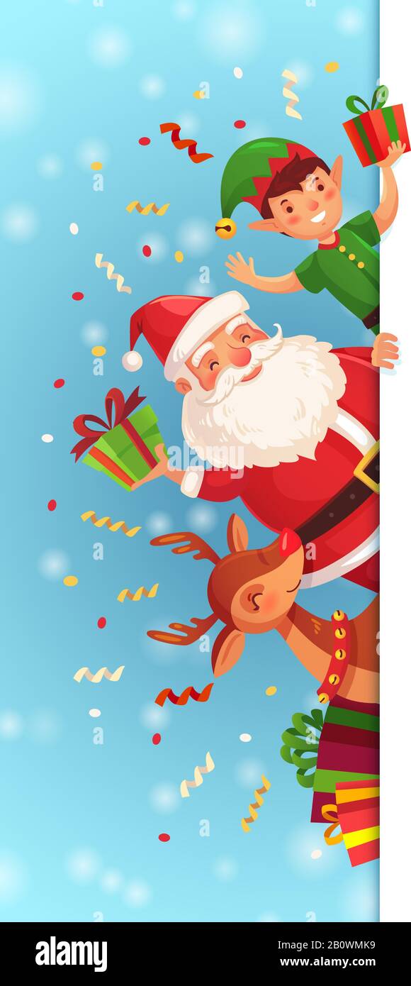 Weihnachts-Zeichentrickfiguren. Weihnachtsmann, Weihnachtselbstfigur und Rentiere mit roter Nase Seitenleiste signboard Vektor-Hintergrund Stock Vektor