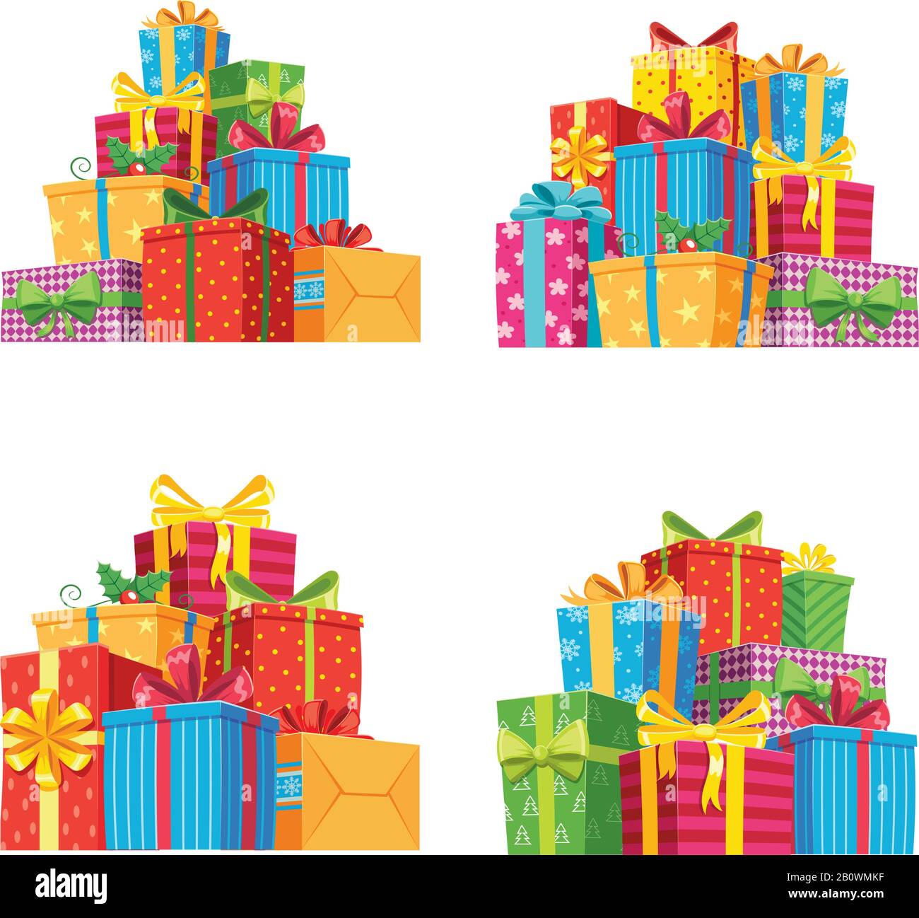 Weihnachtsgeschenke in Geschenkschachteln. Geburtstagskasten, Weihnachtsgeschenke stapeln isolierte Vektorgrafiken Stock Vektor